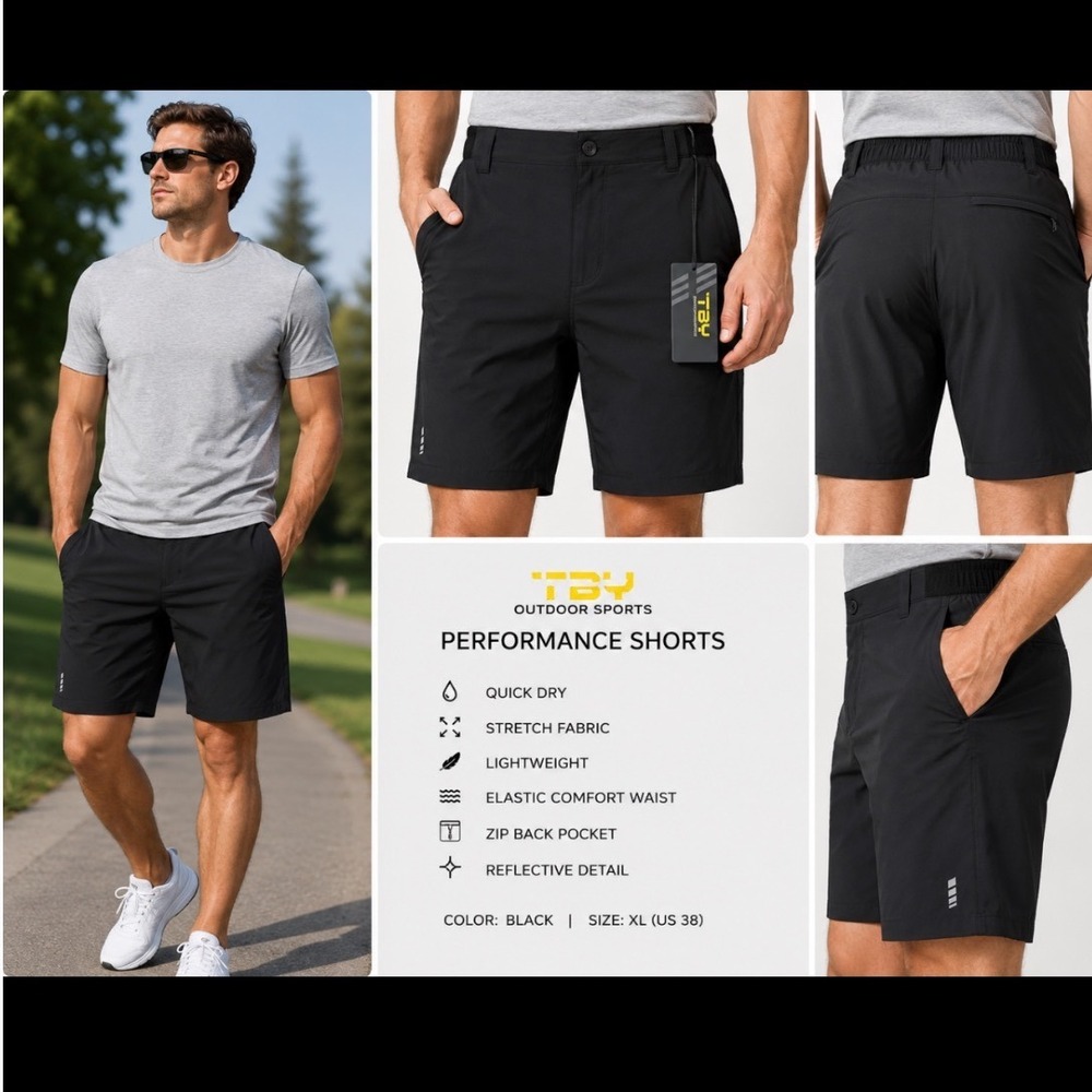 TBY Outdoor Sports Mens Performance Shorts Black Stretch Quick Dry‎ Size 38 XL